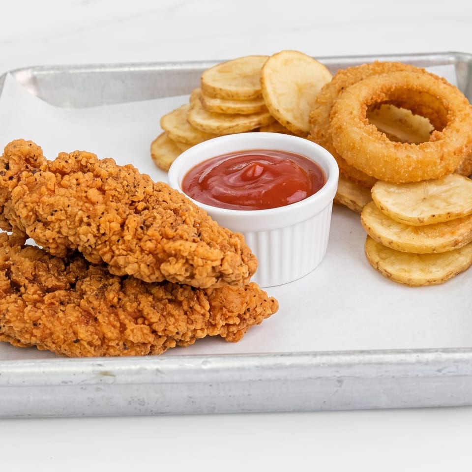Crispy chicken tenders, golden onion rings, and potato chips with ketchup on a metal tray.