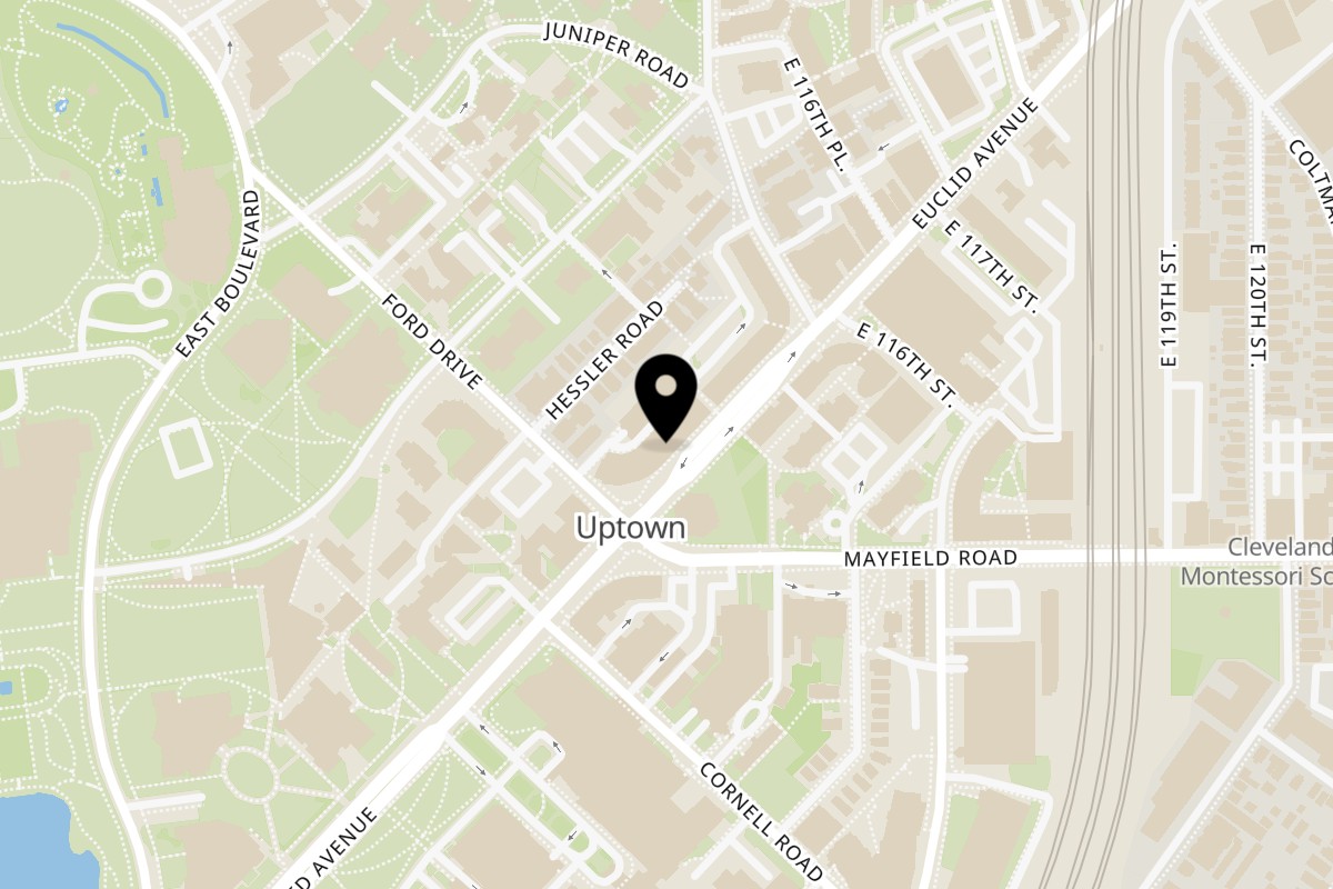 Map showing the location of The Uptown Burger on 11419 Euclid Ave in Cleveland